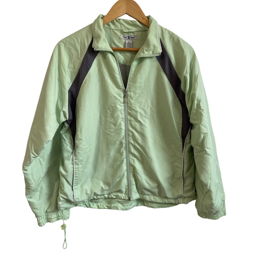 Duck Head Vintage Mint Green Navy Blue Windbreaker Jacket Full Zip Womens Medium